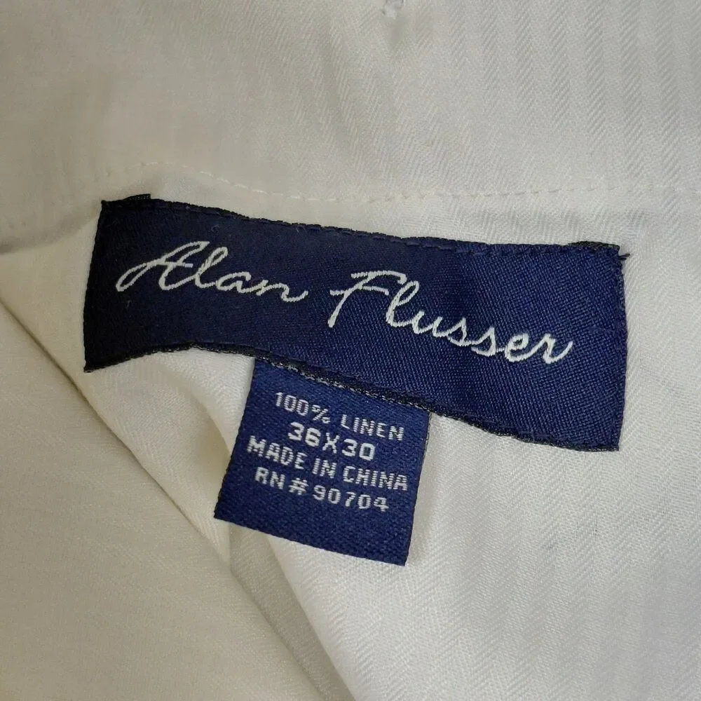 Alan Flusser 100% Linen Pants Mens 36x30 White Pleated Cuffed Trousers
